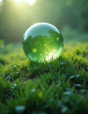 The primary subject of the image is a green glass ball, which is placed in a grassy field. The setting is a lush green field, and the visual style appears to be a photo. The colors in the image are predominantly green, creating a serene and natural atmosphere.